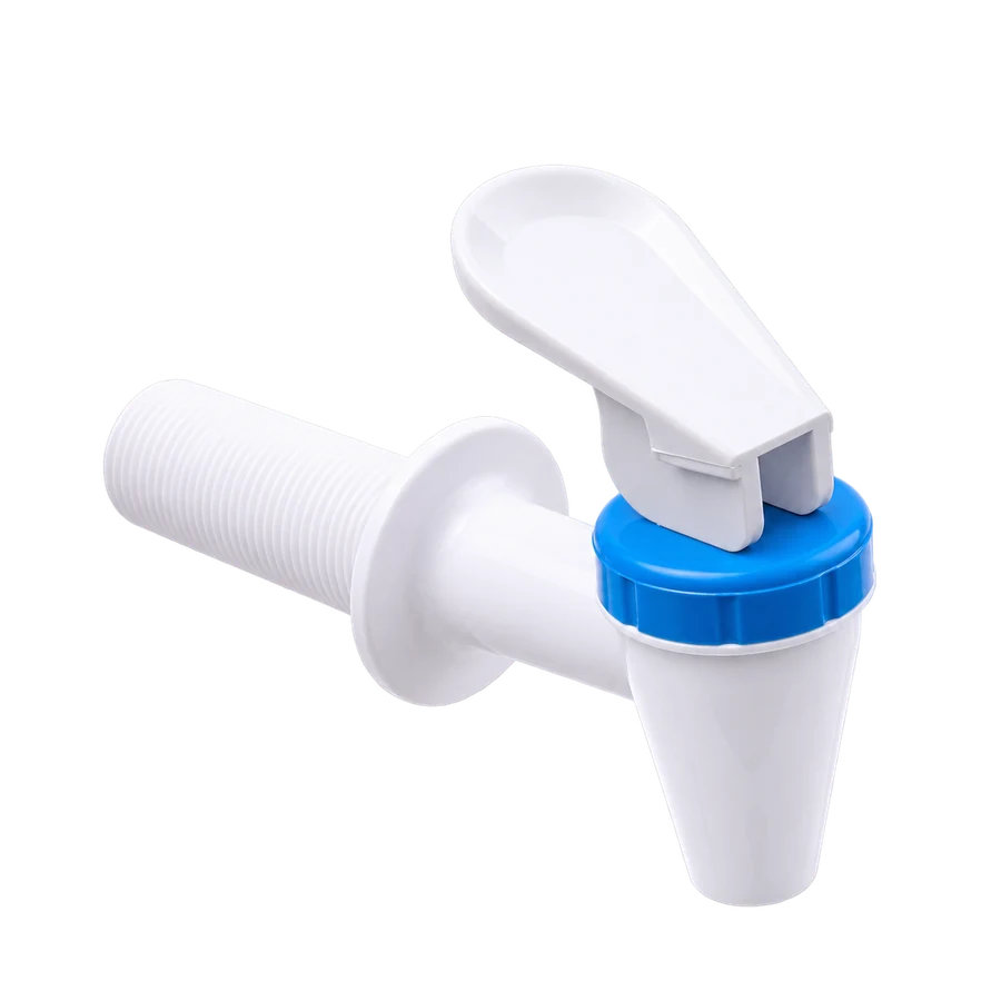 Torneira plástica branca Lazarios com anel azul.